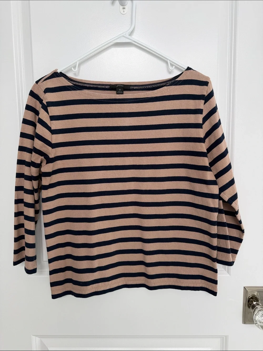 J. Crew Striped Boatneck Long Sleeve Top in Beige and Navy
